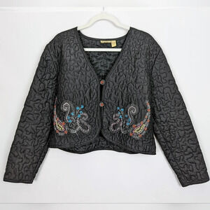 Vintage 80s 90s PUTUMAYO Silk Crop Quilted Jacket Embroidered Paisley Floral L